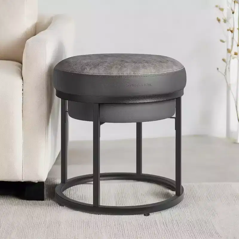Round Ottoman Footstool with Reversible Top and Hidden Storage – Faux Leather