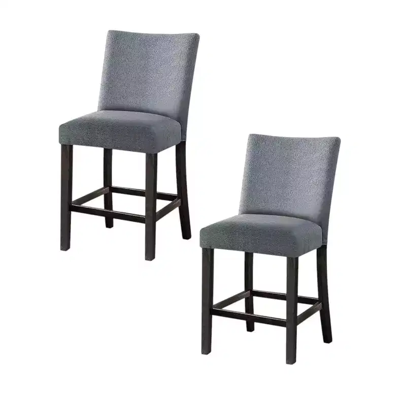 Set of Two 25 Inch Gray and Espresso Fabric and Solid Wood Counter Height Bar Chairs