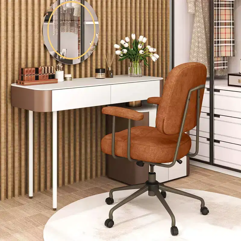 Costway Home Office Chair Leathaire Upholstered Task Chair with Cushioned Back & Armrests Brown/Beige