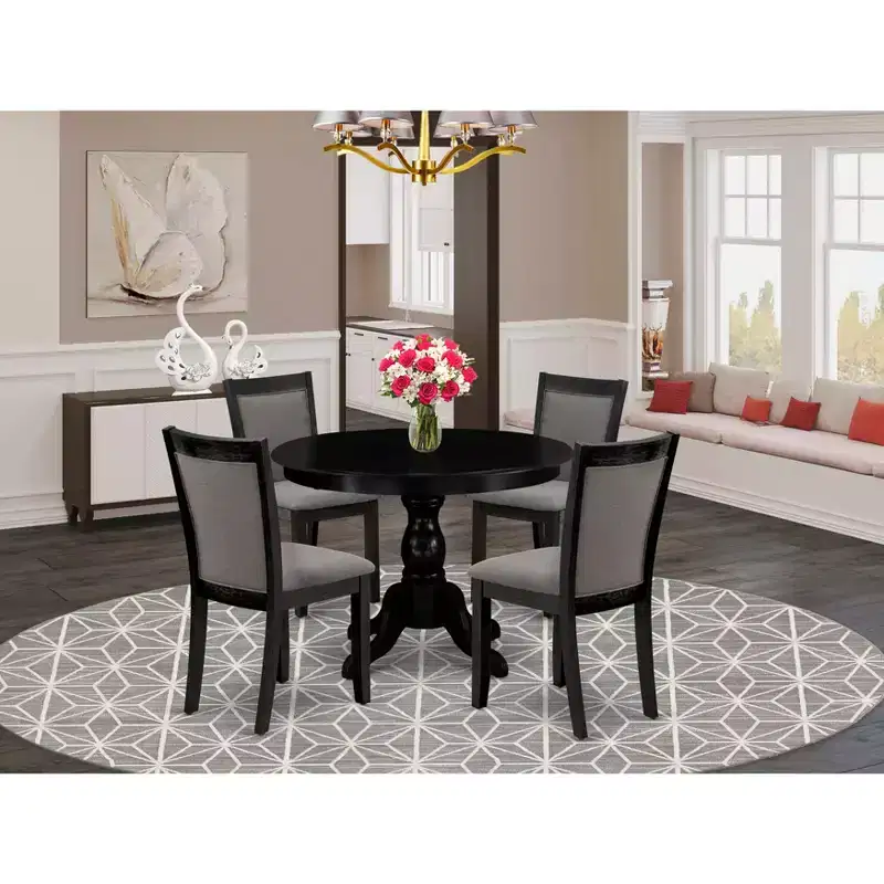 HomeStock Round Pedestal Dinette Set Wirebrushed Black Linen Fabric Chairs