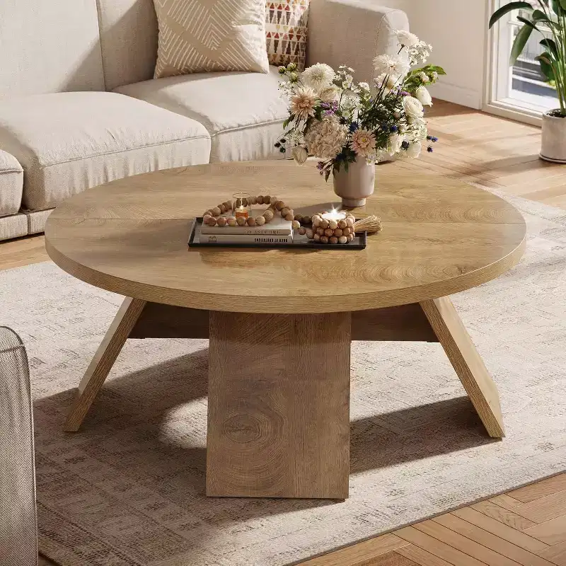 Lantine Round Coffee Table, 39.37 Wooden Circle Coffee Table with Splayed Legs, Modern Accent Center Table for Living Room, Apartment, Brown