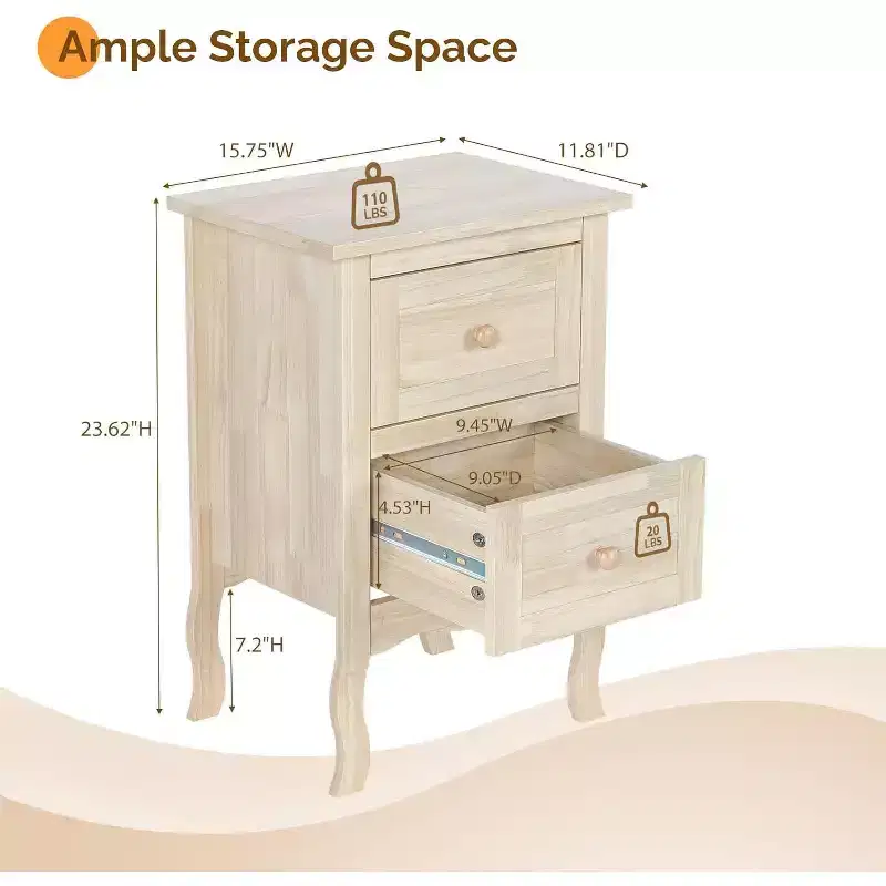 VINGLI Solid Wood Nightstand Unfinished for Color DIY, Small Natural Wood Night Stand for Bedroom with Drawers,Real Wooden Bed Side Table