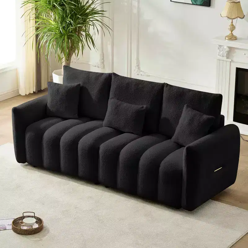 78 inch Premium Teddy Fabric Sofa with 3 Back Pillows and 3 Back Cushions Solid Wood Frame 3 Seat Sofa with Oversized Upholstered Chair