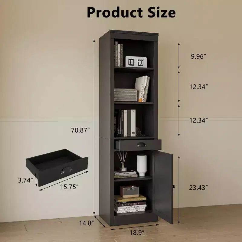 Narrow Bookcase with Drawer, 71in Tall Farmhouse 3-Tier Bookshelf with Open Adjustable Shelves and Door, Wooden Storage Cabinet for Living Room Office