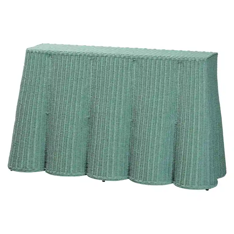 Palm Scallop Natural Rattan Console Table  Handwoven Wicker Accent Table for Hallway or Entryway, Coastal Dcor, Rectangle