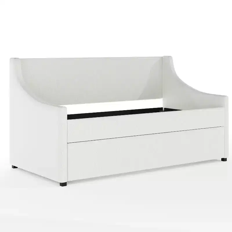 Twin Upholstered Daybed with Pull-Out Trundle, Off-White Faux Linen, Solid Wood Frame, 500 lb Capacity, No Box Spring Needed