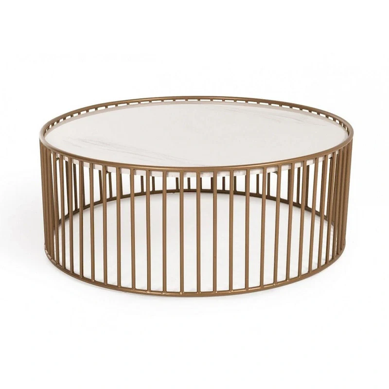Metal & Faux Marble Round Coffee Table with Slatted Frame – Gold