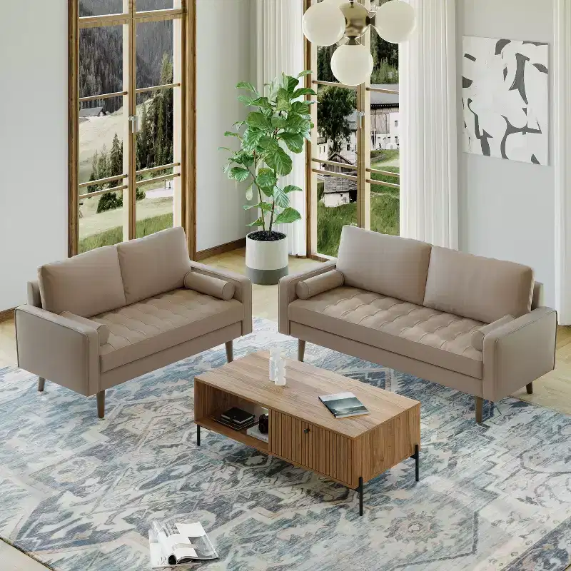 Luige 2 Piece Mid-Century Modern Square Arm Faux Leather Sofa and Loveseat Set - Tree City