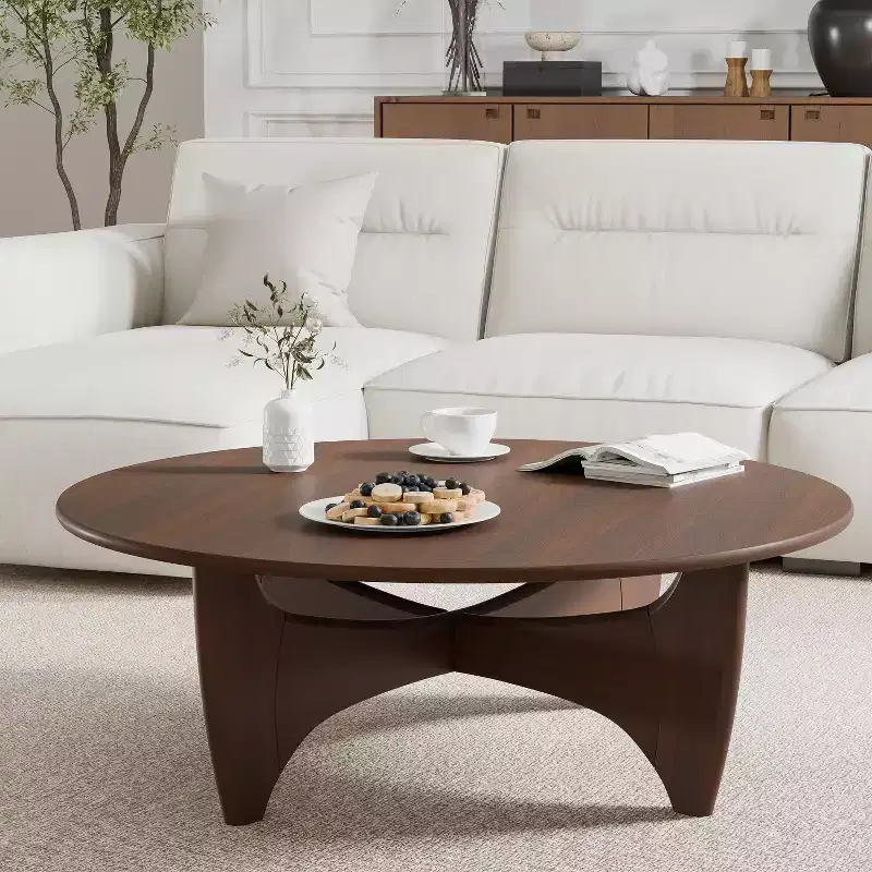 PexFix 38 Round Modern Coffee Table Farmhouse Solid Wood Tea Table with Cross Sturdy Legs for Home Office Living Room Walnut