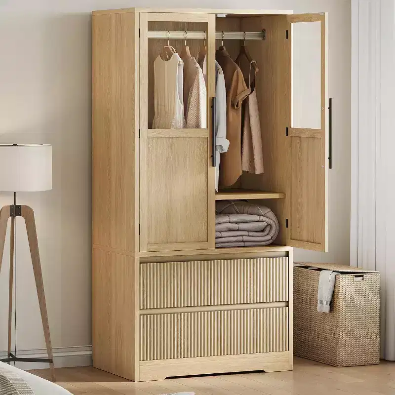 Wardrobe Closet with Glass Wave Panel Doors 2 Drawers and Shelves Natural Wood Tone