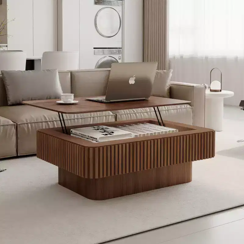 JVNOXK 38.6'' Fluted Lift-Top Coffee Table with Storage, Solid Wood Veneer Adjustable Height Modern Accent Table for Living Room, Bedroom, Walnut