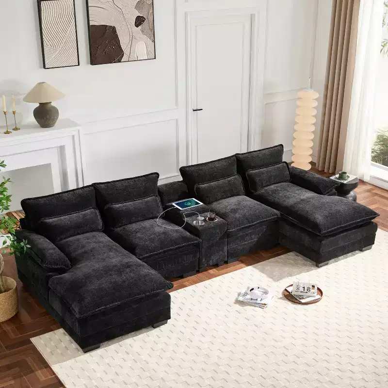 Whisen Modern Design Chenille U-shaped Sectional Sofa with Cup Holders and USB Charger
