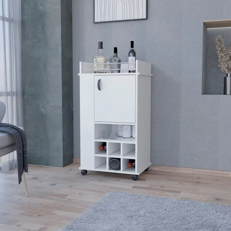 1-Door Bar Cart with Wine Rack and Casters White