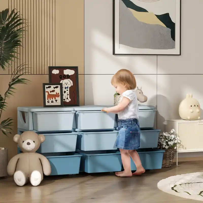 Storage Organizer With 9 Plastic Bins, 3 Tier Drawer Chest Utility For Kids Bedroom Nursery Kindergarten Living Room For Boys Girls Toddlers