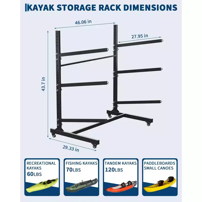 Heavy Duty 3-Tier Freestanding Kayak Rack, Steel Storage Rack with Lockable Wheels, Holds Kayaks, Canoes, SUPs, Surfboards up to 120 lbs, for Garage