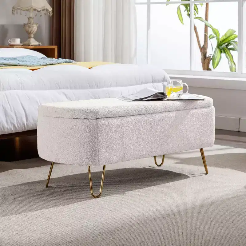 Storage Bench Ottoman, Faux Velvet Upholstered with Safety Hinge & Metal Feet, for Bedroom, Entryway, Living Room, Ivory