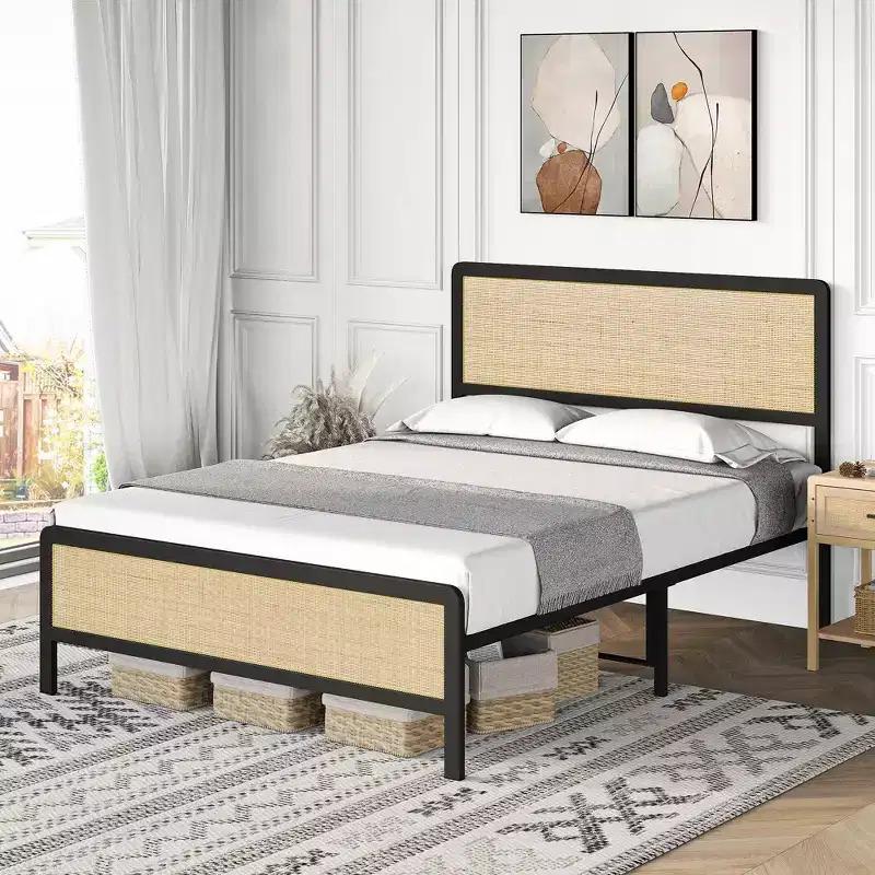 Bed Frame With Rattan Headboard/Footboard, Platform Bed Frame, Mid Century Modern Bed Frame/No Box Spring Needed/Easy Assembly/Noise-Free