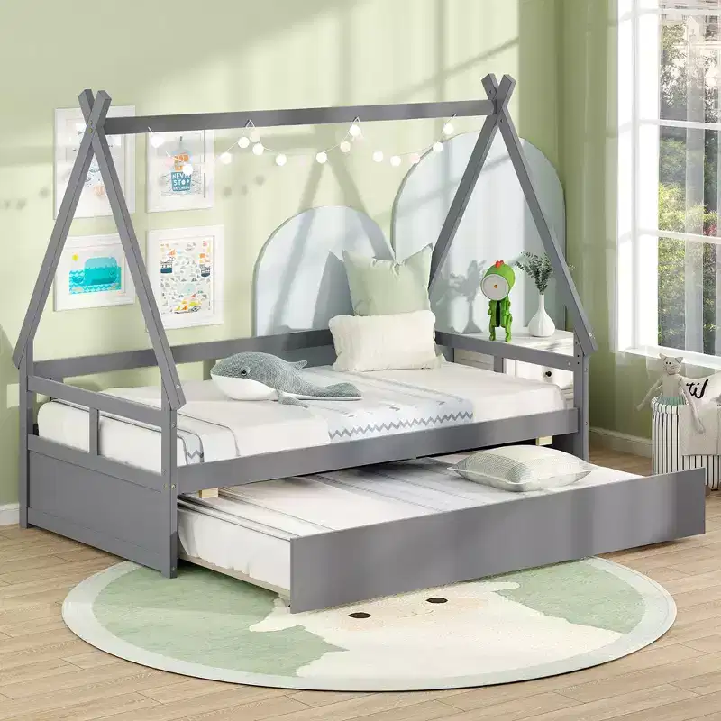 Costway Twin Size House Bed w/ Trundle Roof & Safety Guardrail Wood Slat Support Gray