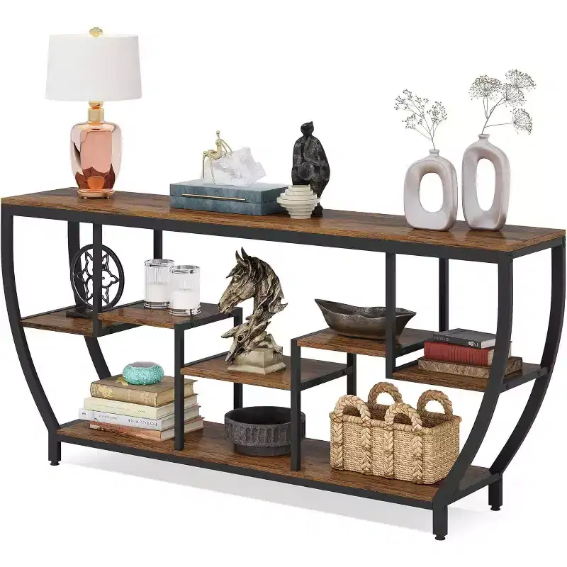 70.86 Inch Long Sofa Table with Shelves, Rustic Console Table with Storage, Industrial Entryway Table TV Stand