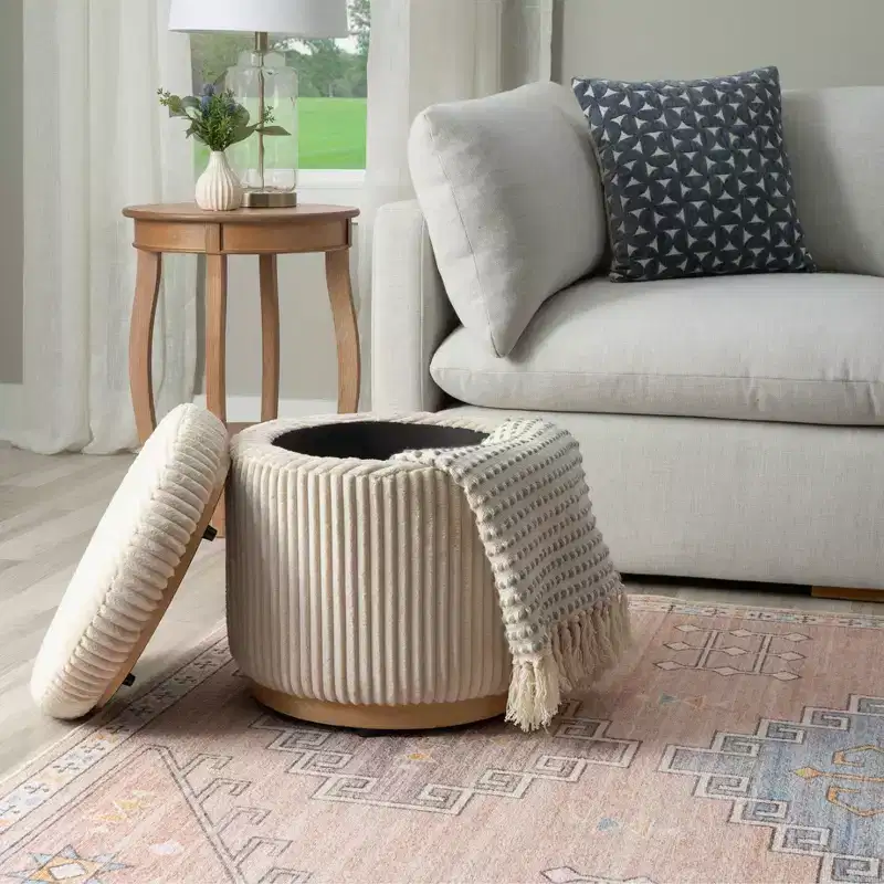 Round Storage Ottoman, Corduroy Cream – Lift-Top with Hidden Storage