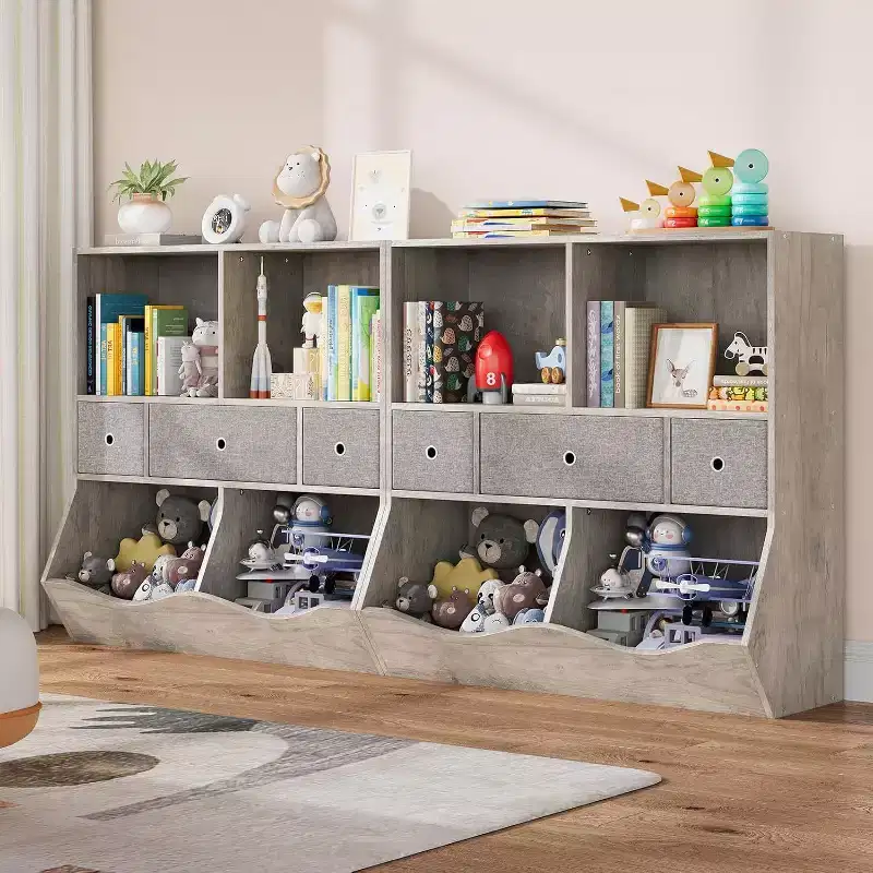 7-Cubby Kids Toy Storage Organizer with Drawers, 3-Tier Bookcase, Gray