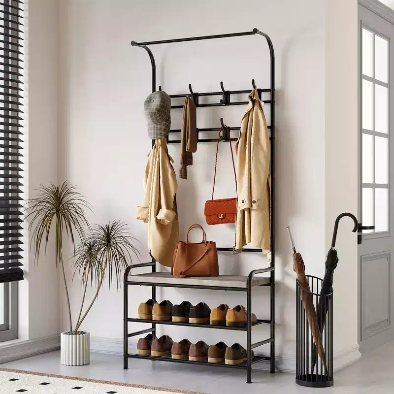 Coat Rack, Shoe Bench, 3in1 Hall Tree Shoe Rack, 3-Tier Storage Shelf and 8 Hooks, Freestanding Shoe Racks Organizer for Entryway, Bedroom