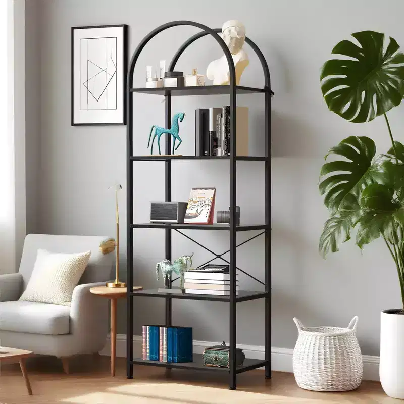 Acekool Arched Industrial Bookshelf Tall Narrow Wood Bookcase Display Rack for Living Room Home Office