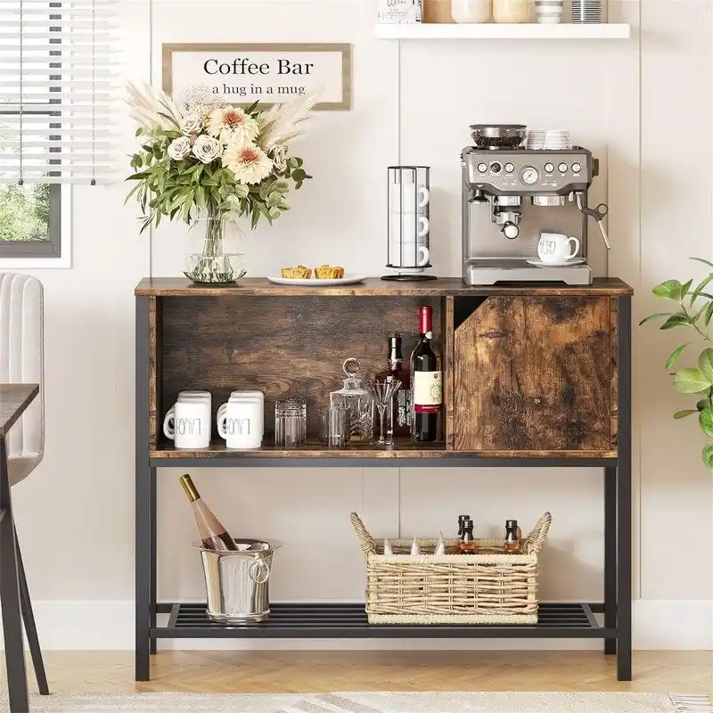 Buffet Cabinet with Open Shelf & Enclosed Storage – Rustic Brown / Grey, Metal Frame, Cable Holes