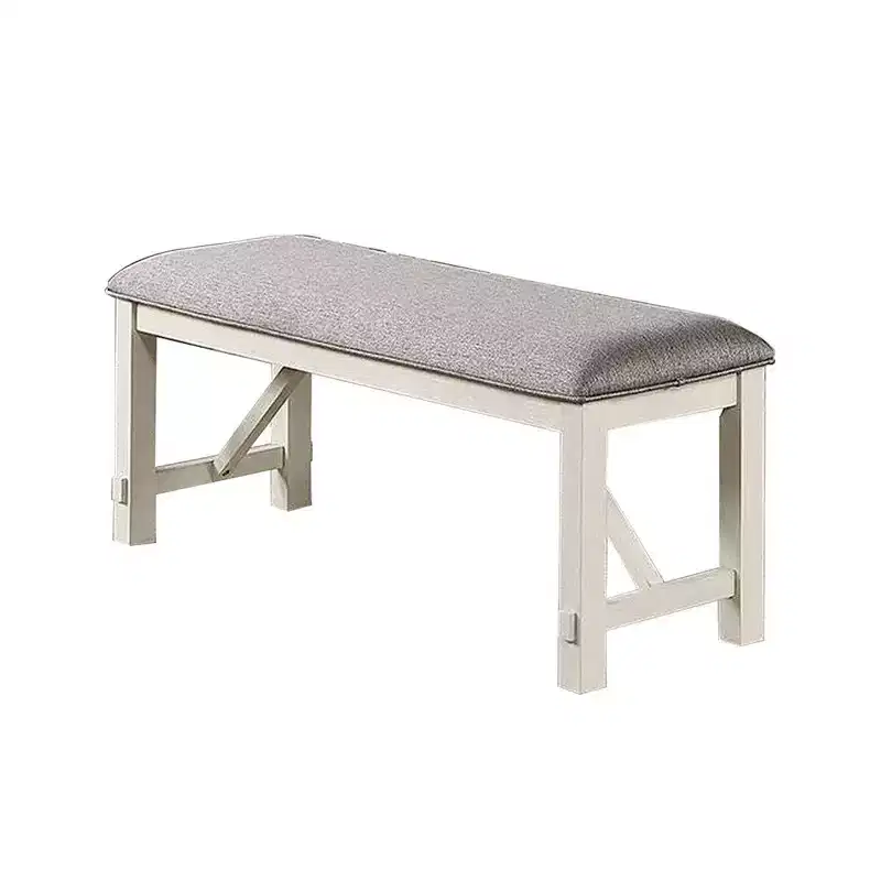 Royal Hampton 50 Inch Dining Bench, Fabric Padded Seat, Rubberwood, Gray and White