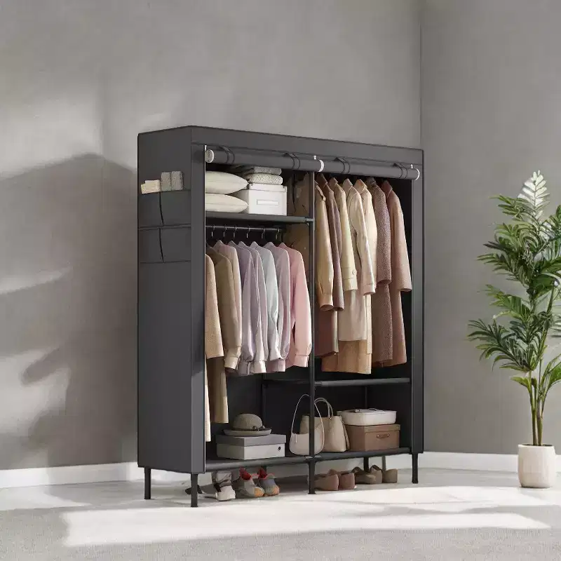 LEDREM Freestanding Portable Closet Organizer, 65 Inch Heavy Duty Wardrobe Closet with Cover Closet Storage 2 Hanging Rails, 3 Shelves, 4 Side Pockets