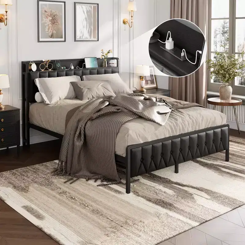 Full Size Bed Frame, Button Headboard with Charging Station, All-Metal Full Platform Bed Frame with Storage, No Box Spring Needed, Black