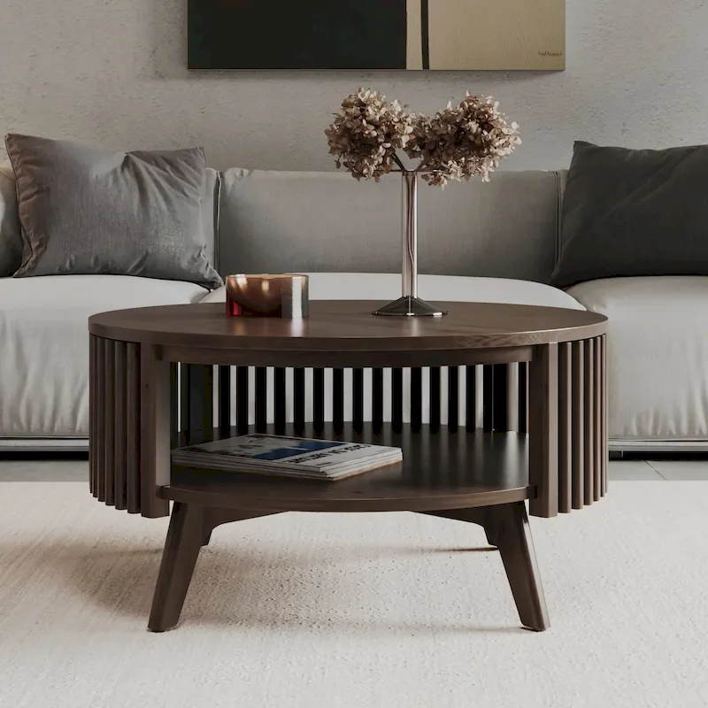 Round Mid Century Modern Coffee Table with Storage - Dark Brown Wood