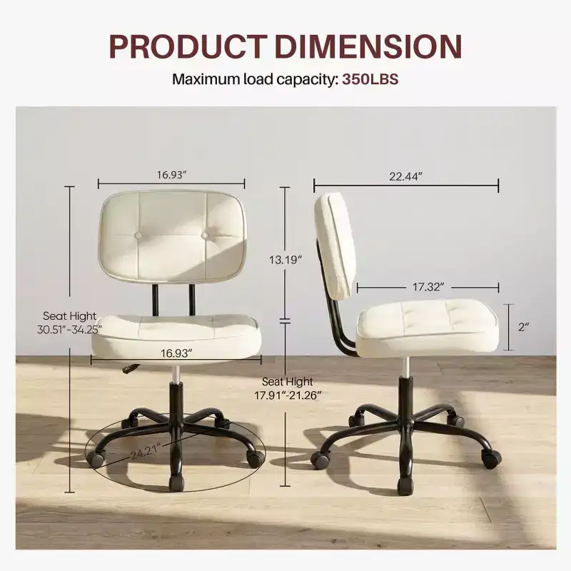 JIONJOY Ergonomic Armless Office Chair, PU Leather Desk Chair with Thickened Cushion, Rolling Chair for Small Spaces, Dorms & Home Office