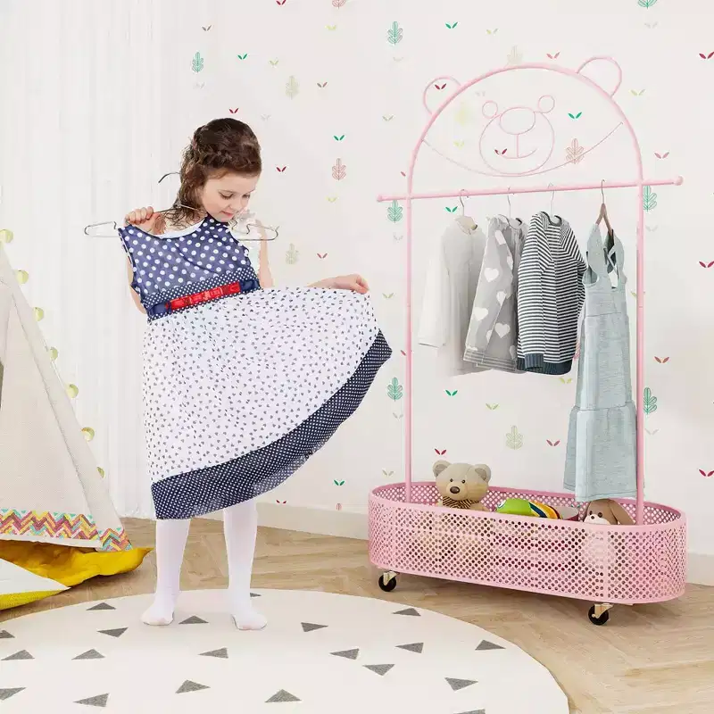 Kid Clothes Rack with 3 Adjustable Heights Home Freestanding Clothes Rack White/Pink