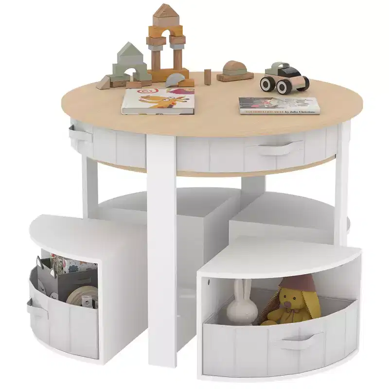 Kids Table and Chair Set, 5 Pieces Wooden Round Nesting Design Children Multi-Activity Table With 4 Storage Stools & 4 Fabric Drawers