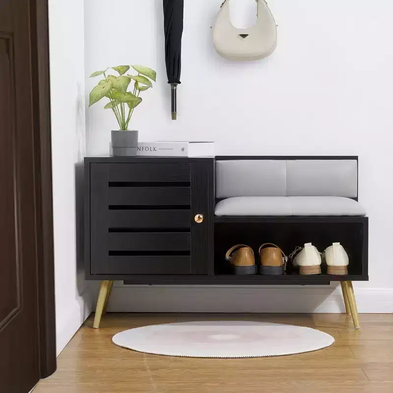 Entryway Shoe Bench with Storage – Removable Cushion, Louvered Door, Holds 6 Pairs