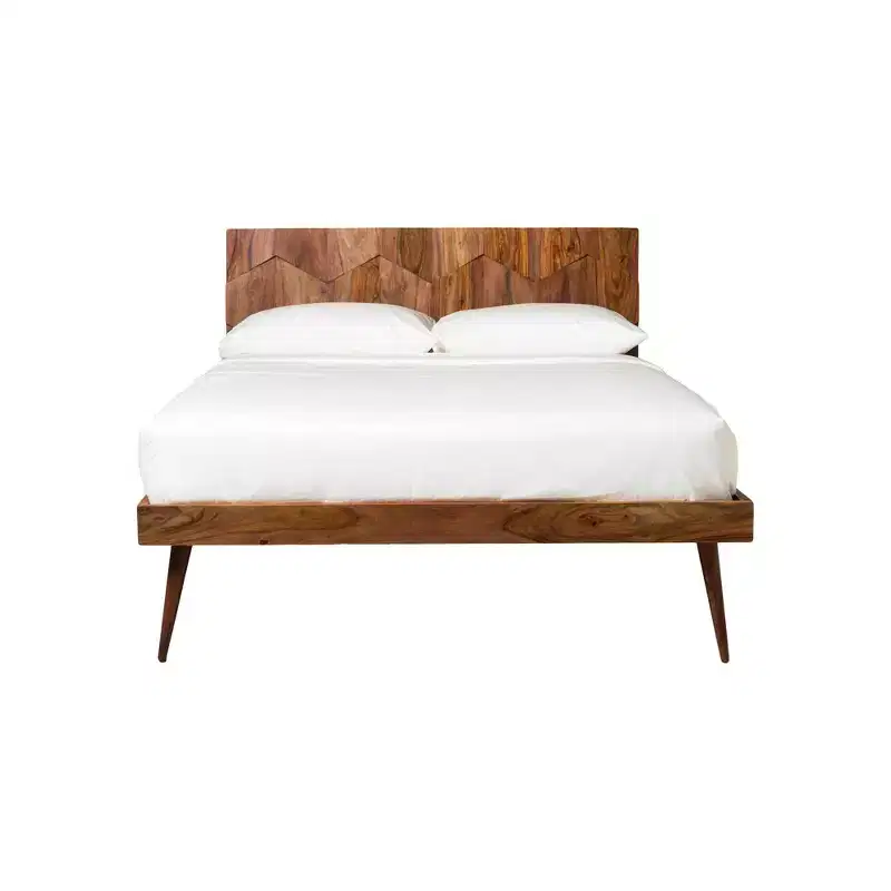 Queen Platform Bed in Brown, Mid-Century Style with Wood Headboard