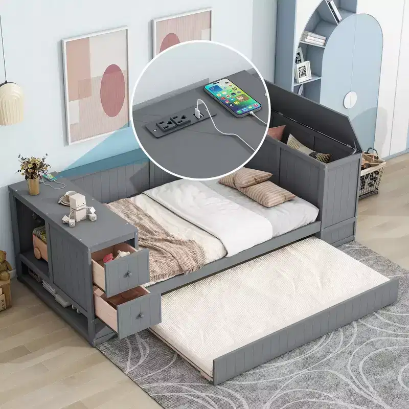 Twin Size Daybed with Trundle and Drawers, Twin Sofa Bed Frame with Storage Arms and Charging Station for Bedroom Living Room