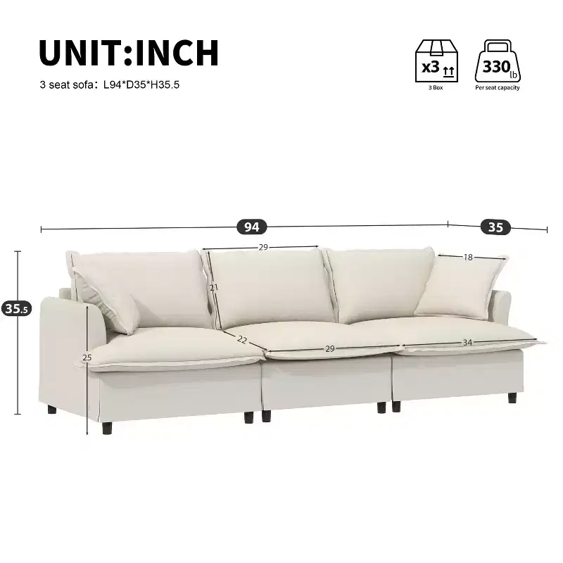 94x35 3-Seat Chenille Sofa Module for Modular Sectional, Wide Seat Cloud Couch with Throw Pillows