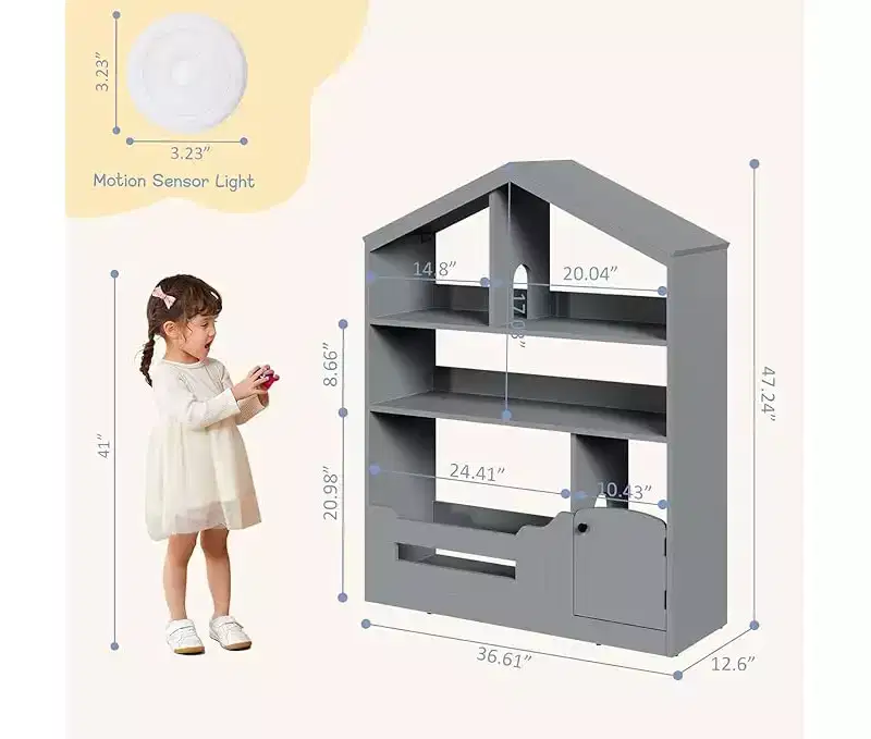 3-Tier Children's Bookshelf and Toy Storage Organizer with Motion Sensor Light