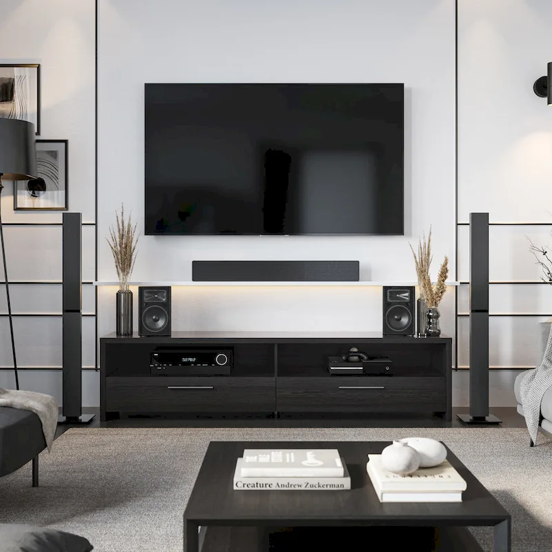 Black TV Stand with 2 Drawers, Fits TVs up to 95