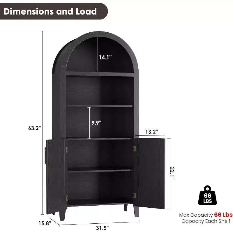 Arched Bookcase with Doors - 5 Tier Open Display Shelf with Rattan Decor, Modern Bookshelf Storage Cabinet for Home Office Living Room Library