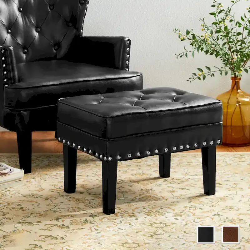 Black / Coffee Mid-Century Button-Tufted PU Leather Ottoman