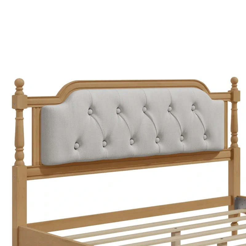 Solid Wood Bed Frame with Upholstered Tufted Headboard – No Box Spring Needed