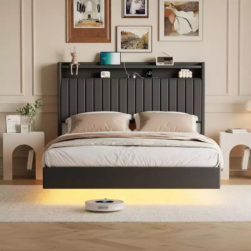 Queen Floating Bed Frame with LED Lights and Charging Station, Upholstered PU Leather Platform, Modern Space Saving Design, Iron Frame