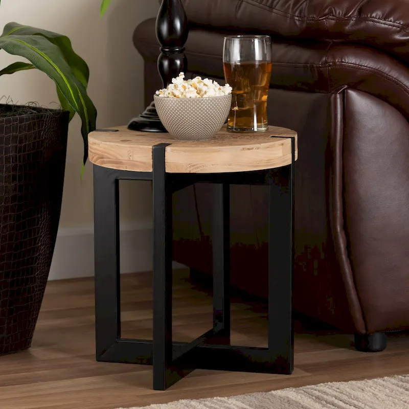 Natural Brown Finished Wood and Black Finished Metal End Table