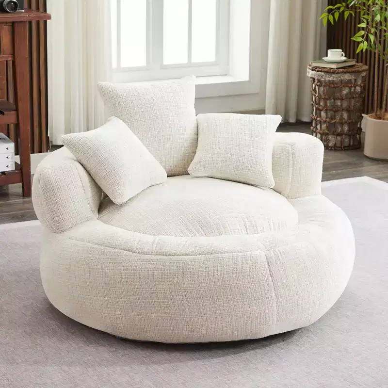 Efomao Round Ultra Soft Chenille Foam Bean Bag Chair - Oversized Comfy with Armrests & 3 Pillows - for Adults/Teens (White)