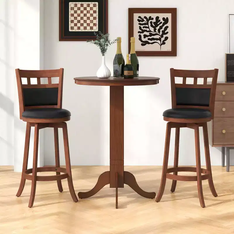 Costway 3 PCS Wood Bar Dining Set Table with Pedestal Base & 2 Upholstered Swivel Stools