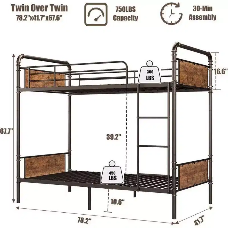 Coolmee Twin Over Twin Bunk Bed, Metal Bunk Beds with Safety Guardrails and Built-in Ladder, Convertible into 2 Bed Frame for Kids Teens