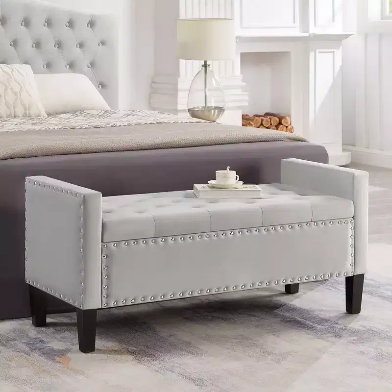 Upholstered Tufted Button Storage Bench with Nails Trim, Entryway Living Room Soft Padded Seat with Armrest, Gray